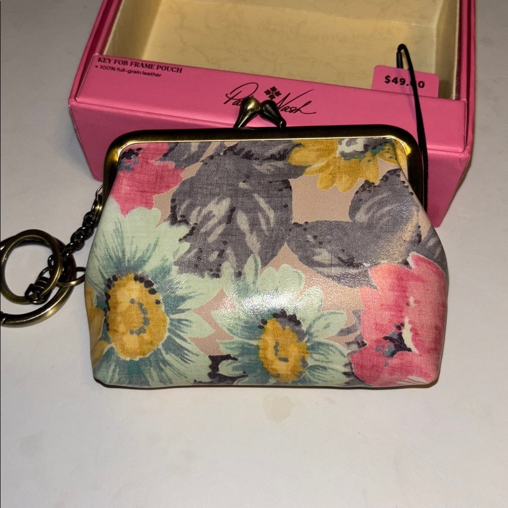 PATRICIA NASH MULTICOLOR FLORAL FRAME POUCH WITH KEY RINGS GENUINE LEATHER NEW - Picture 5 of 14